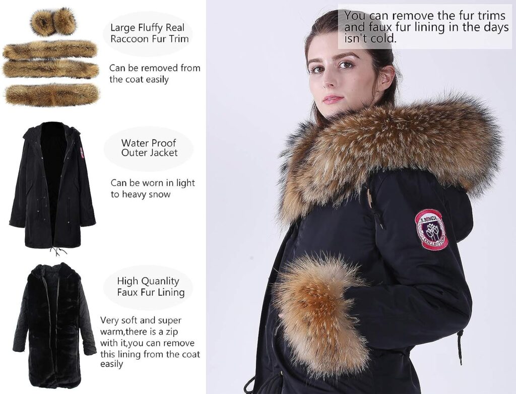 S.ROMZA Womens Winter Fur Parka Coat Large Real Raccoon Fur Trimmed Warm Faux Fur Lined Waterproof Jacket