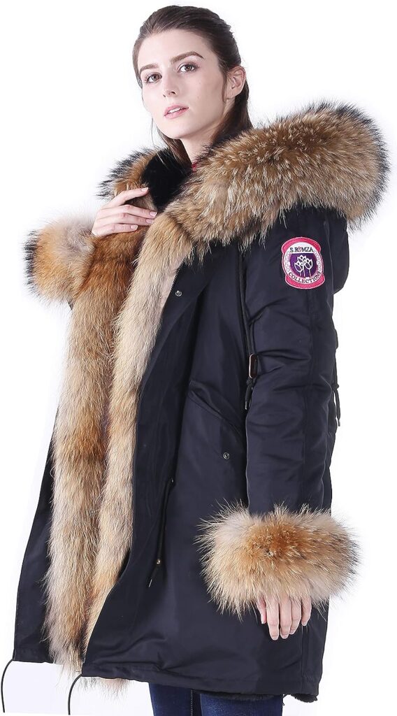 S.ROMZA Womens Winter Fur Parka Coat Large Real Raccoon Fur Trimmed Warm Faux Fur Lined Waterproof Jacket