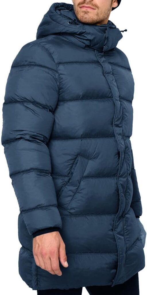 Karlywindow Mens Hooded Puffer Coat Parka Quilted Down Coat Long Warm Winter Thicken Padded Jacket