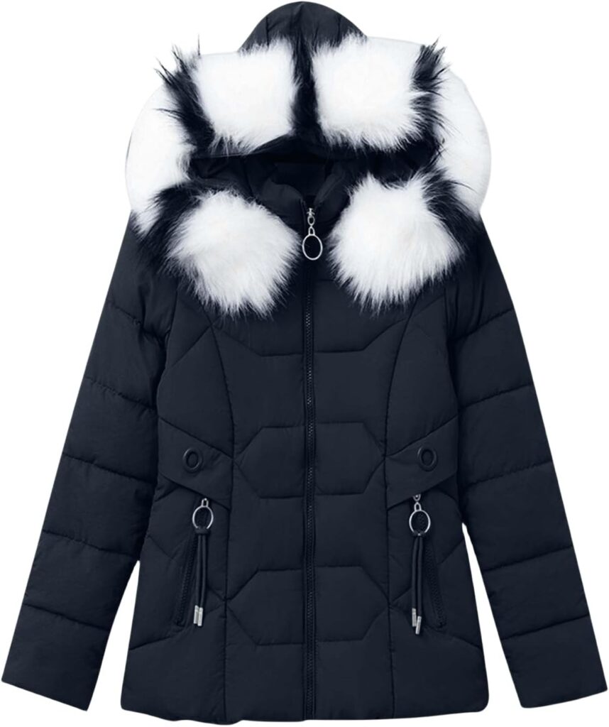 QSXLTS Womens Winter Puffer Coat Fur Hooded Jackets Long Zip Up Down Coats Thicken Jacket Parka with Pockets