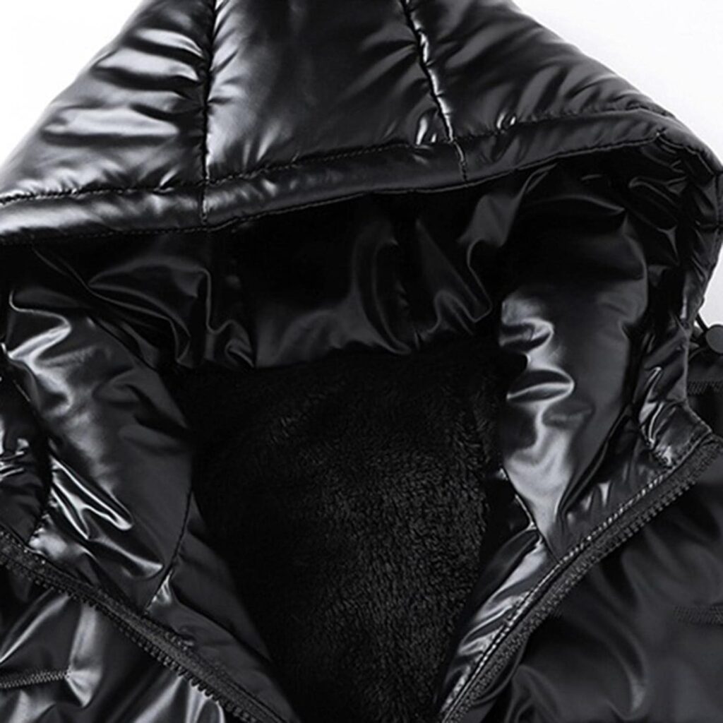 Saohuo Mens Shiny Down Coat Fleece Lined Hood Winter Thicken Warmth Puffer Jacket Glossy Waterproof Parka Coat Outerwear