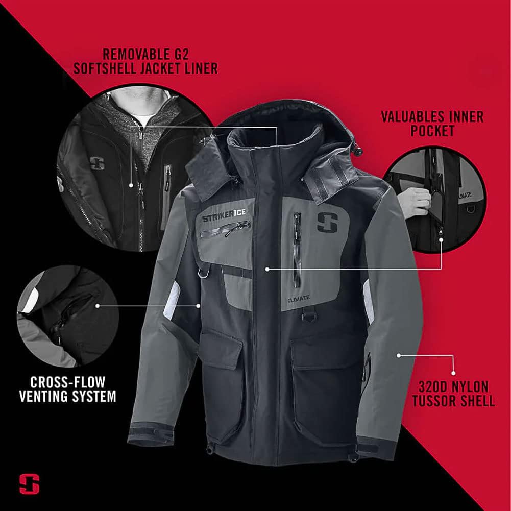 Striker Mens Climate Durable Windproof Water-Resistant Insulated Outdoor Ice Fishing Jacket with Removable Hood Striker Mens Climate Durable Windproof Water-Resistant Insulated Outdoor Ice Fishing Jacket with Removable Hood